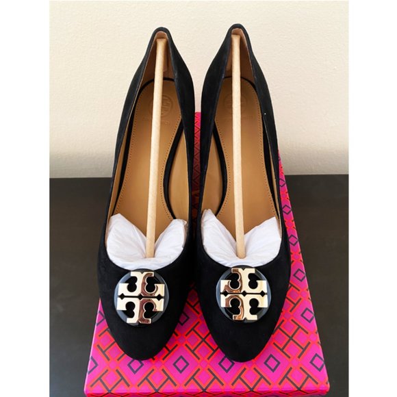 NWT Tory Burch Wedges Suede Black Shoes T Logo 8.5 - Picture 3 of 4
